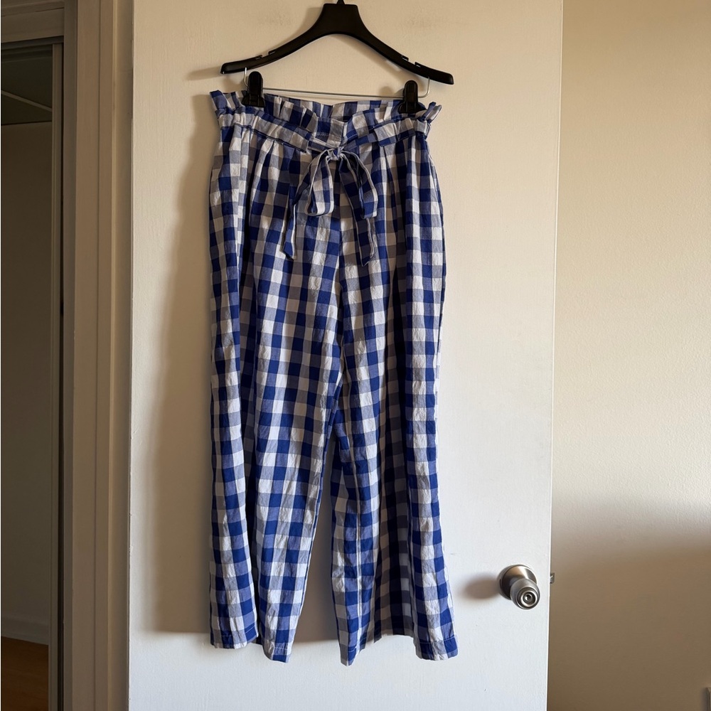 Joie Blue/White Gingham Wide Leg Paperbag Tie Waist Pants size Large EUC - Picture 1 of 4